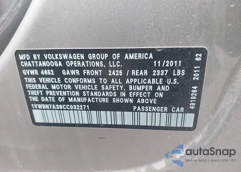 2012 Volkswagen Passat 2.0L Tdi Se from USA, damaged, VIN 1VWBN7A38CC032271